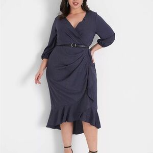 Lane Bryant Three-Quarter Sleeve Ruffle Jacquard Midi Dress Navy Blue